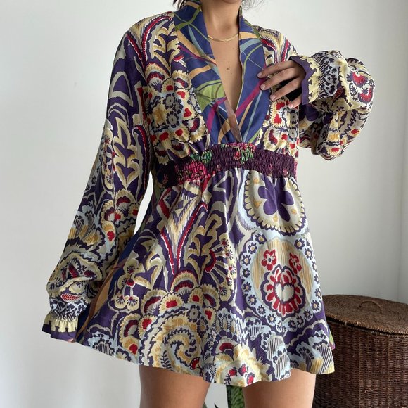 Johnny Was 100% silk floral print smock waist tunic top L - Picture 2 of 10